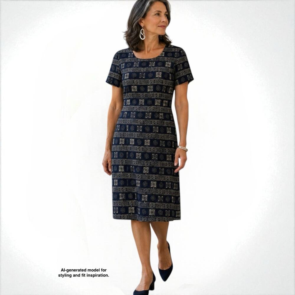 Vintage 90s Yves Cossette Depeche Mode Midi Dress Size 14 Navy Tribal Print